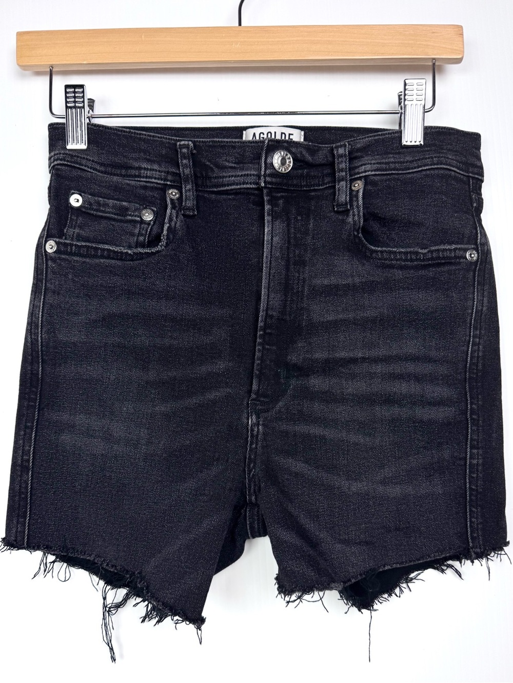 Agolde Black High-Rise Raw Hem Denim Shorts 28
